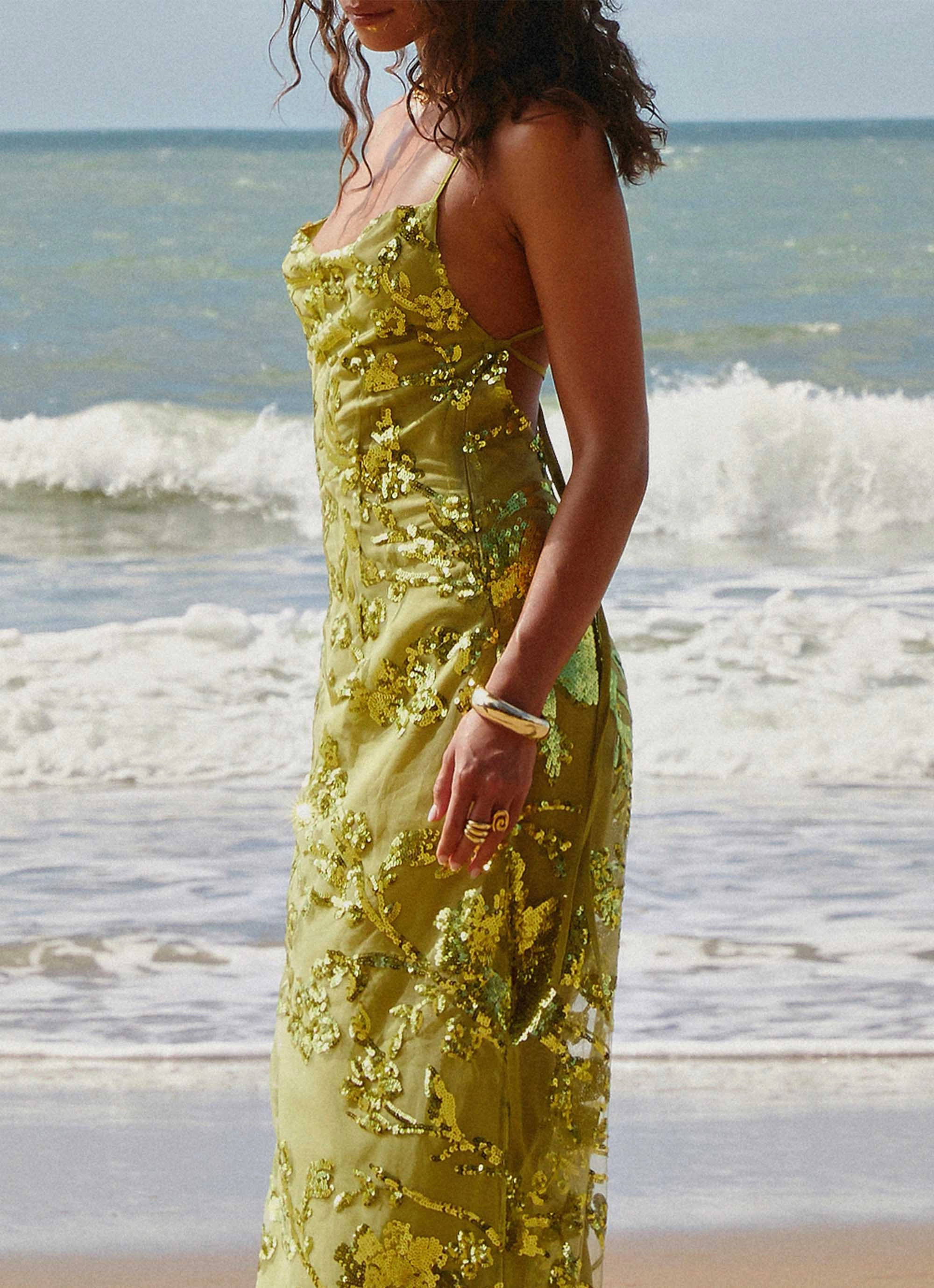 Comfortable and Fashionable Comfy and Cozy Havana Sequin Maxi Dress - Lime