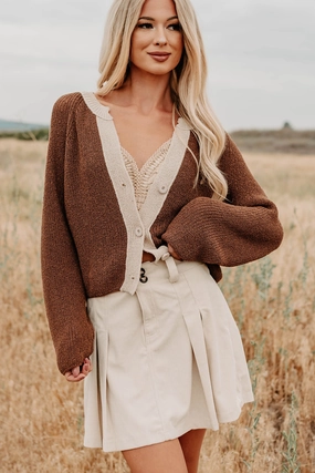 Healing My Heart Contrast Knit Cardigan (Brown) Subtle Texture Weave