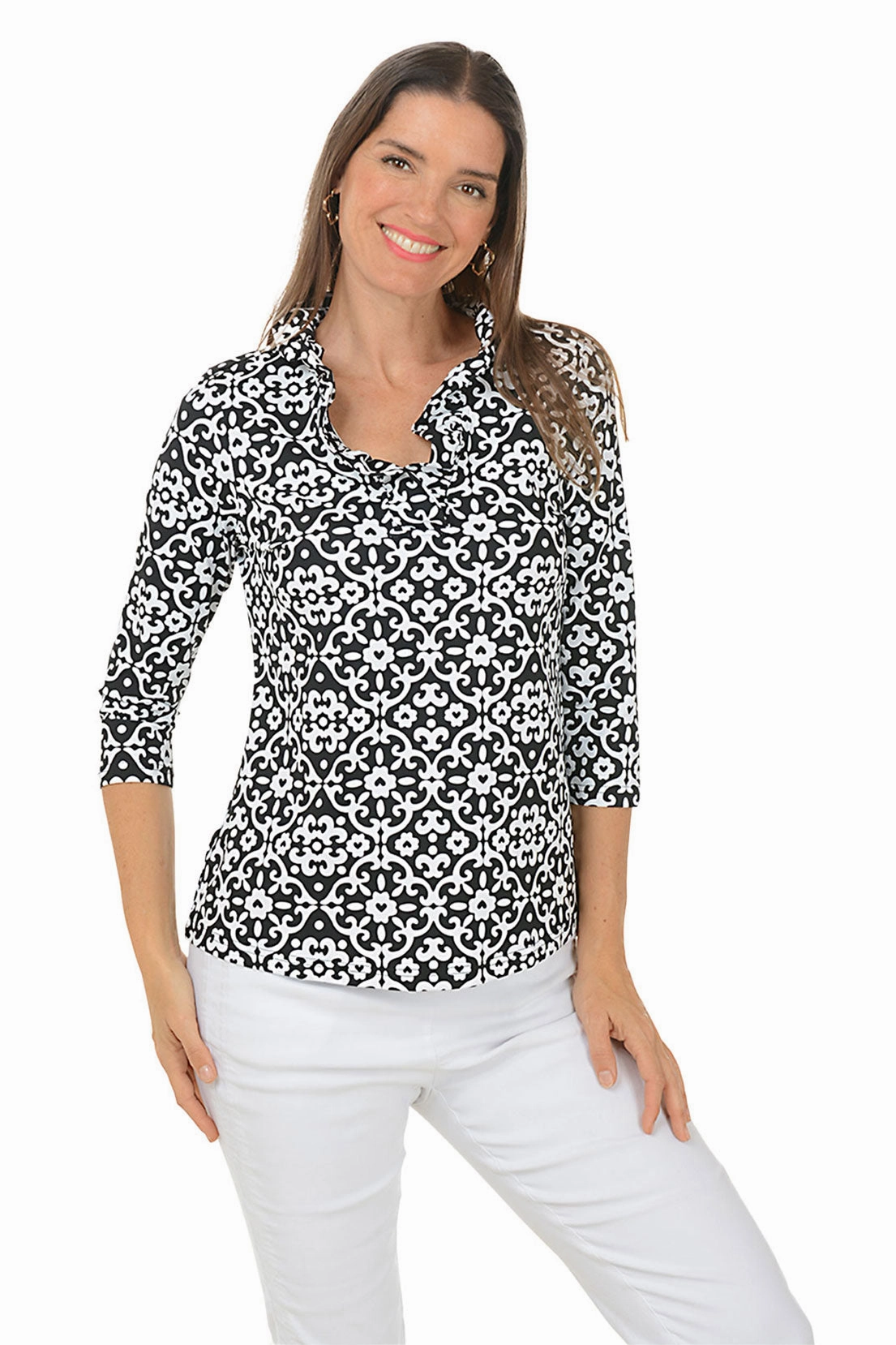 Heart Damask Ruffle Neck UPF50  Top MultiPanelConstruction