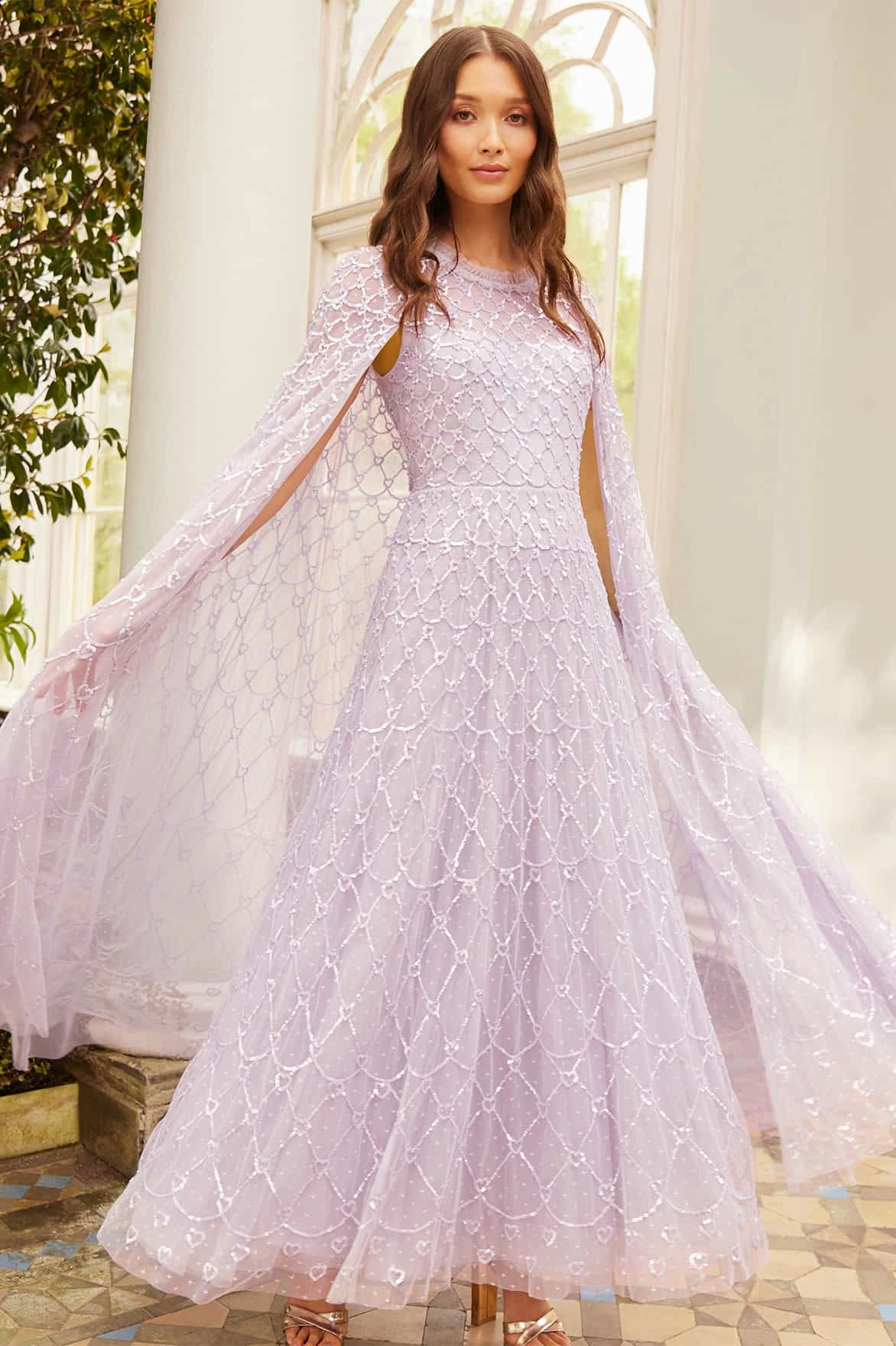 Heart Lattice Ankle Gown Minimalist Waistband Layered-Sleeve