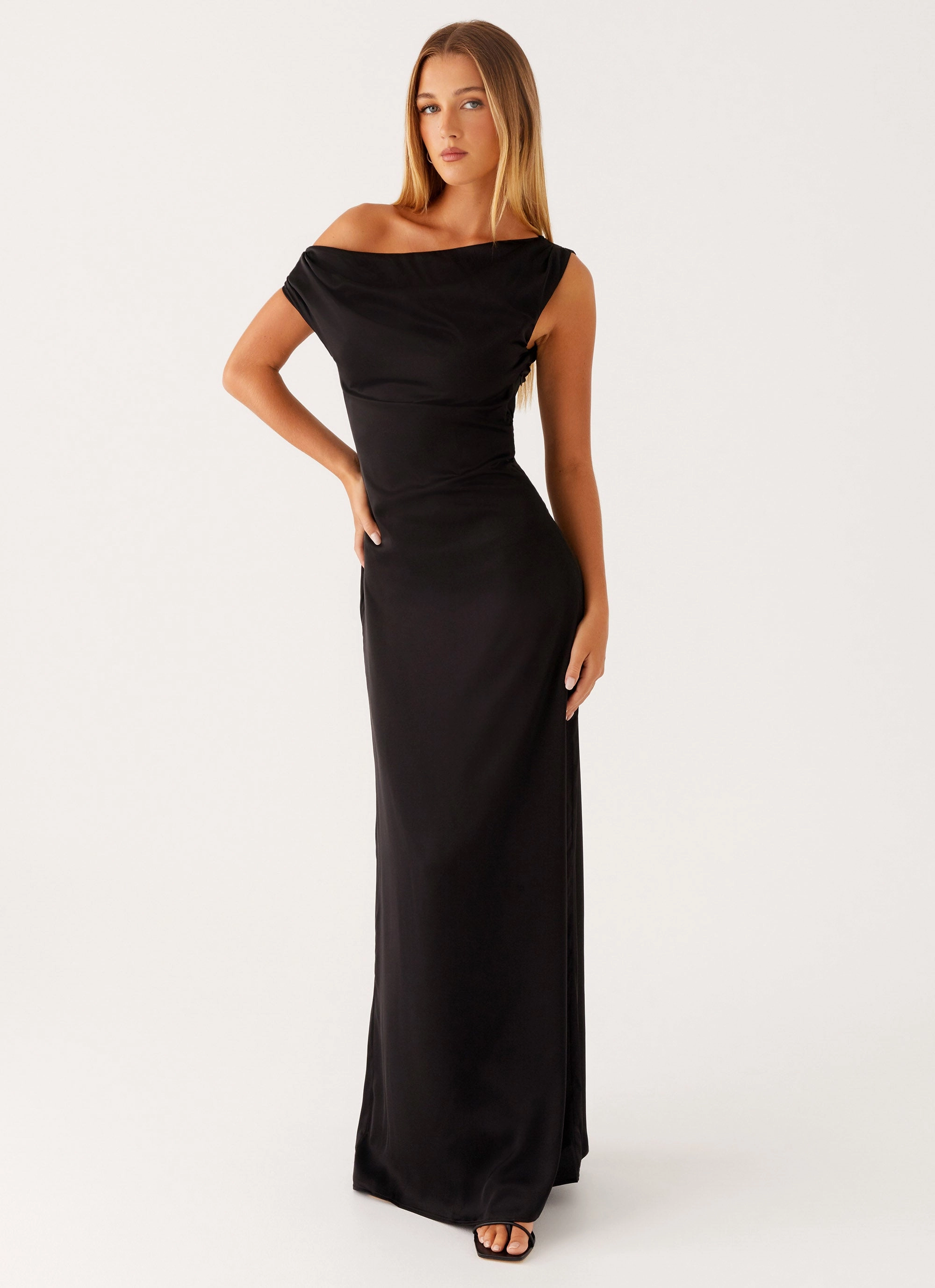 Air Touch Trendy Layering Heart Of Glass Satin Maxi Dress - Black