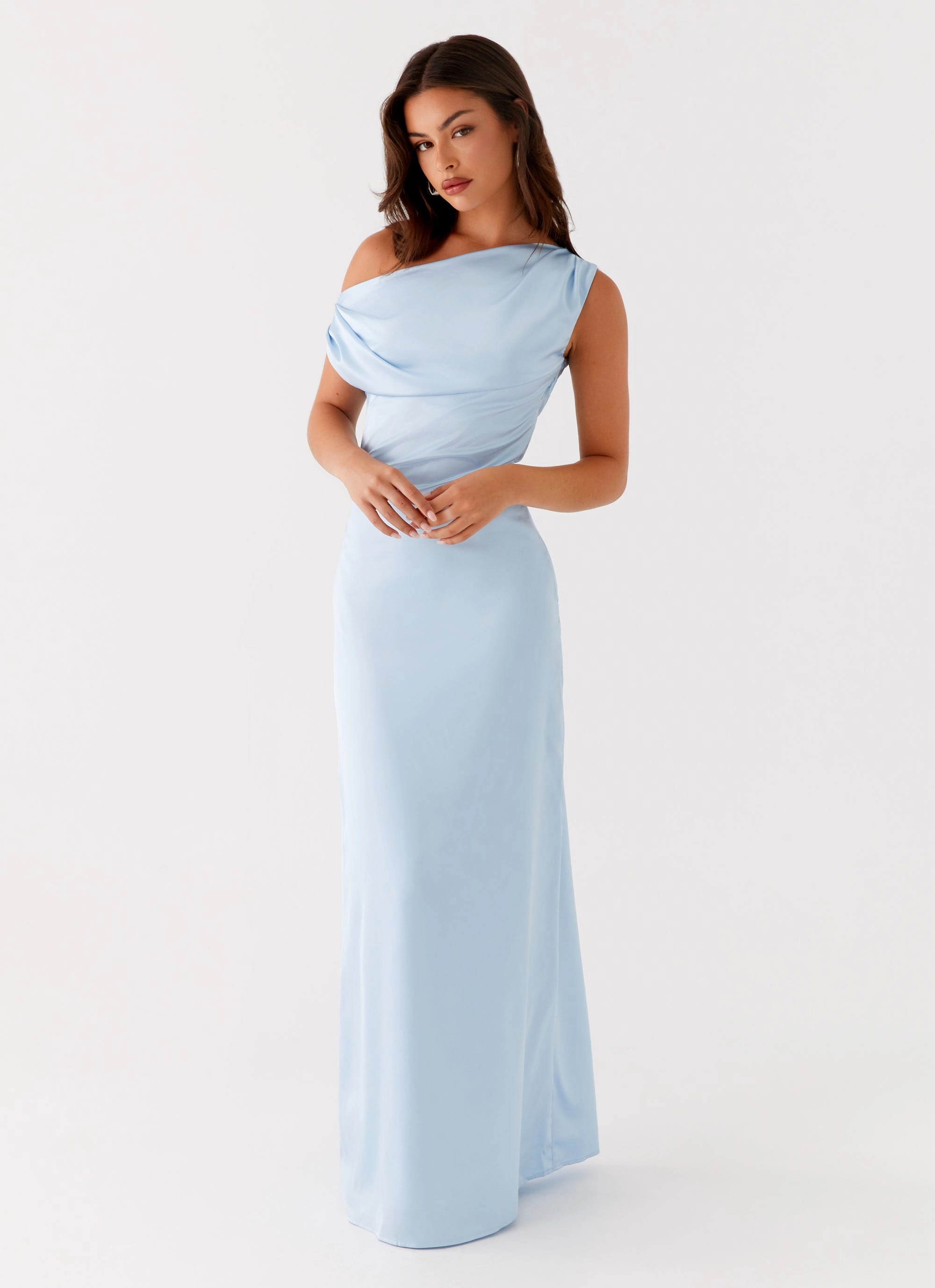 Invisible-Zip Bohemian style Heart Of Glass Satin Maxi Dress - Blue