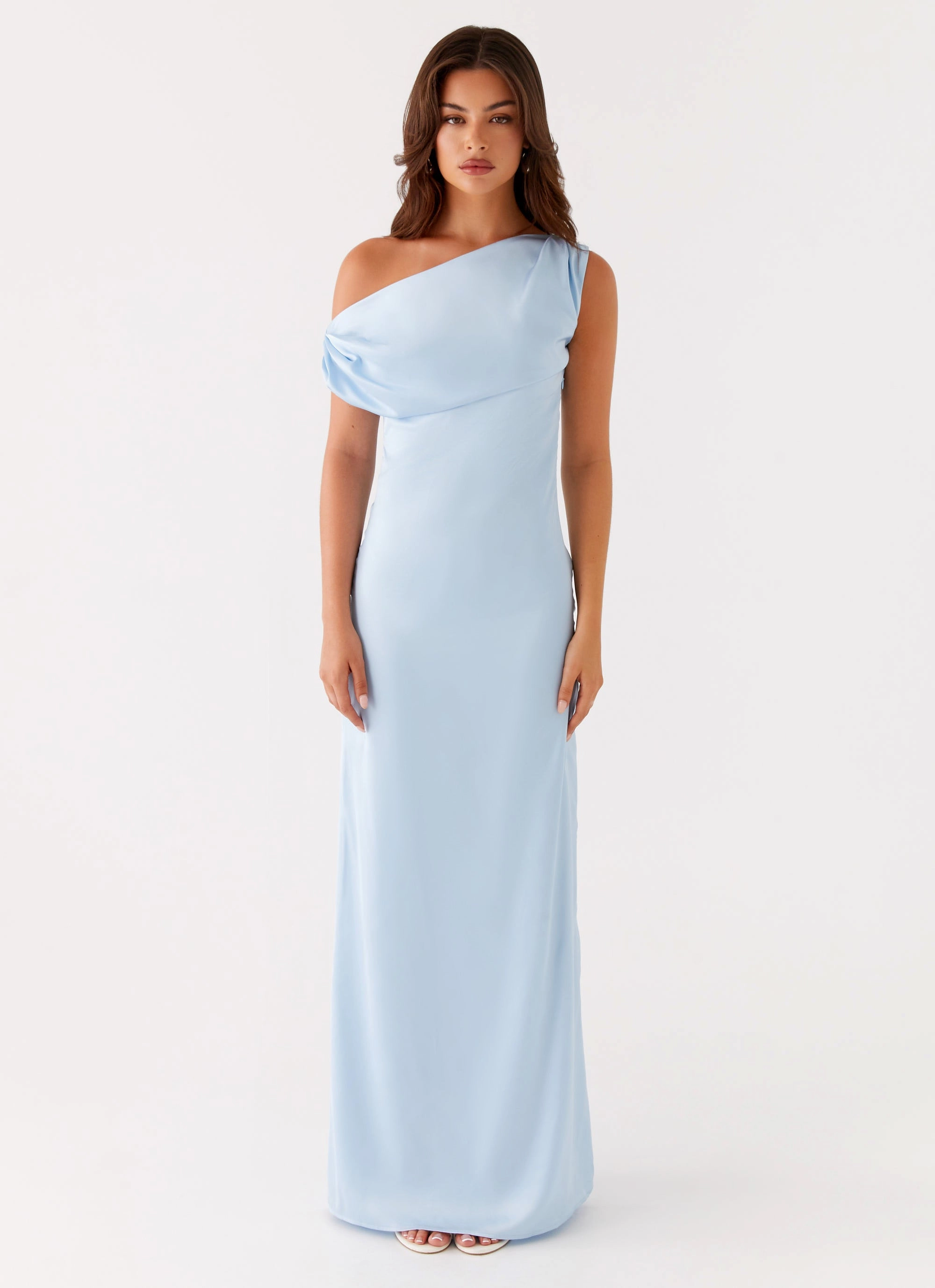 Timeless Wearable Subtle Drape Heart Of Glass Satin Maxi Dress - Blue