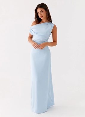 Invisible-Zip Bohemian style Heart Of Glass Satin Maxi Dress - Blue