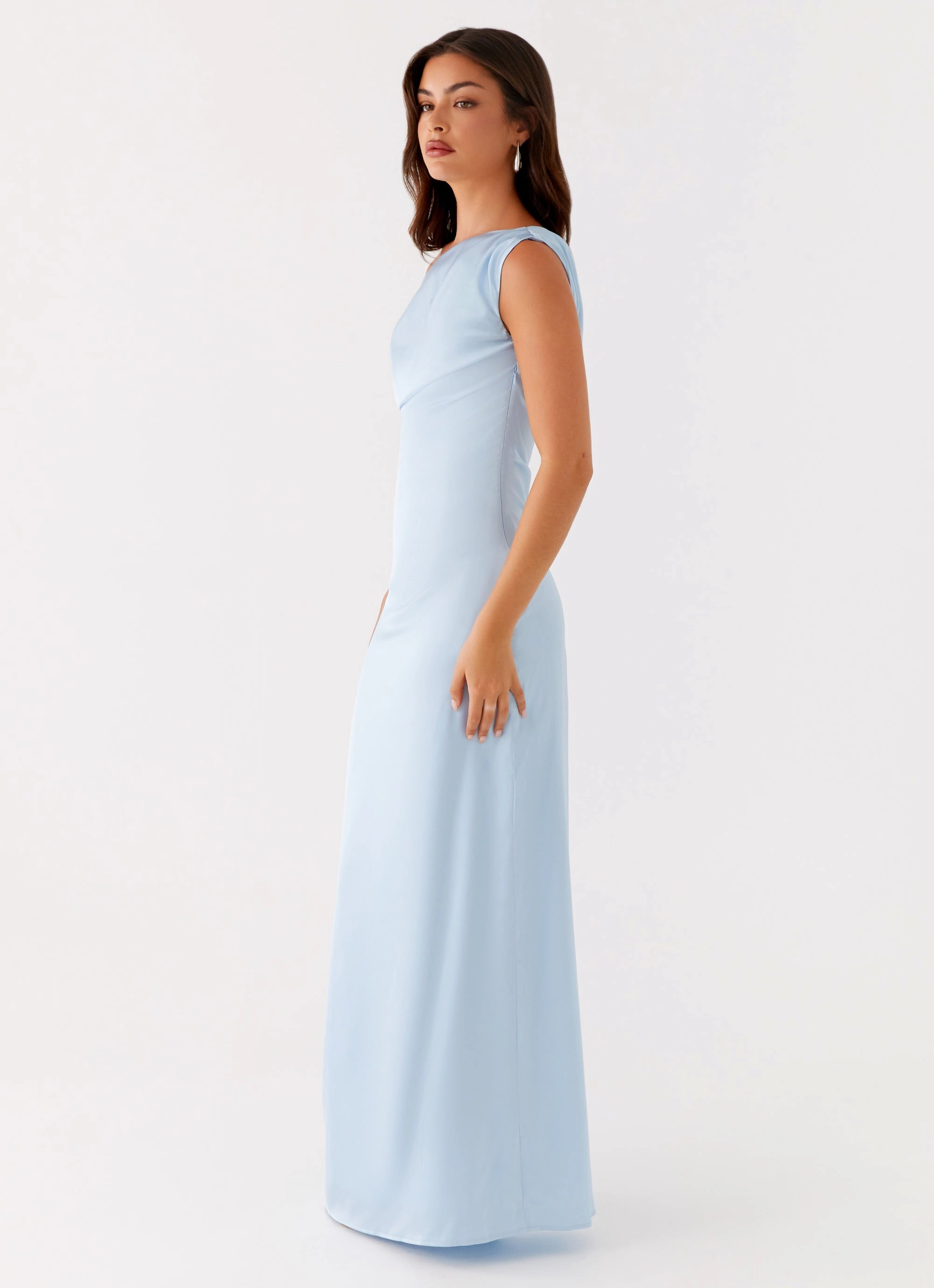 Chic Tailoring Waist Heart Of Glass Satin Maxi Dress - Blue