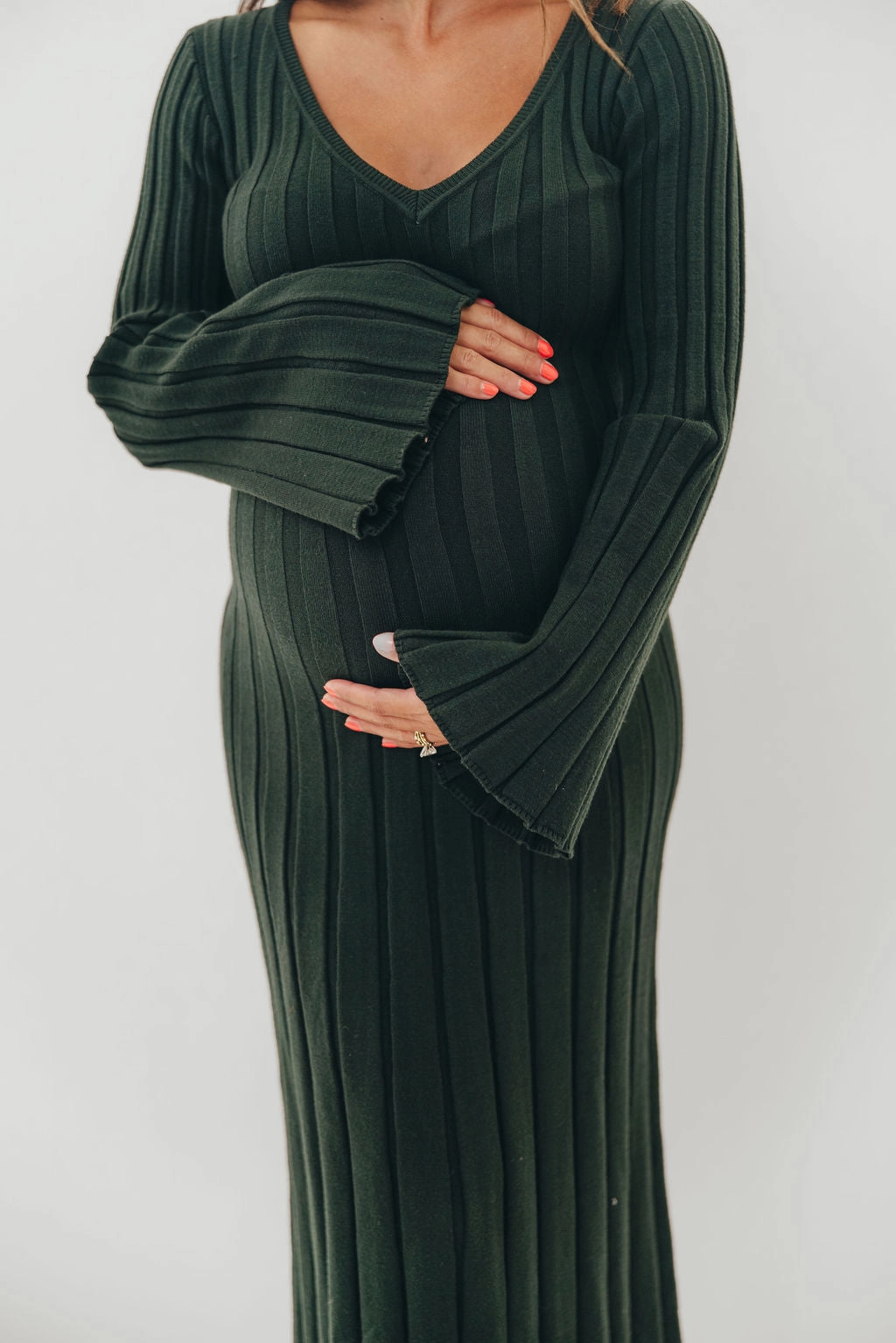Hearth V-Neck Maxi Dress in Evergreen - Bump Friendly Embroidered Fabric