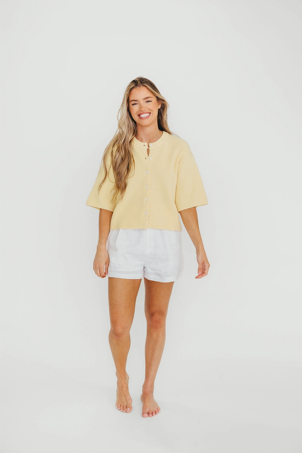 Karen Short Sleeve Cardigan in Yellow Smooth Interior Lining Easy Care Material