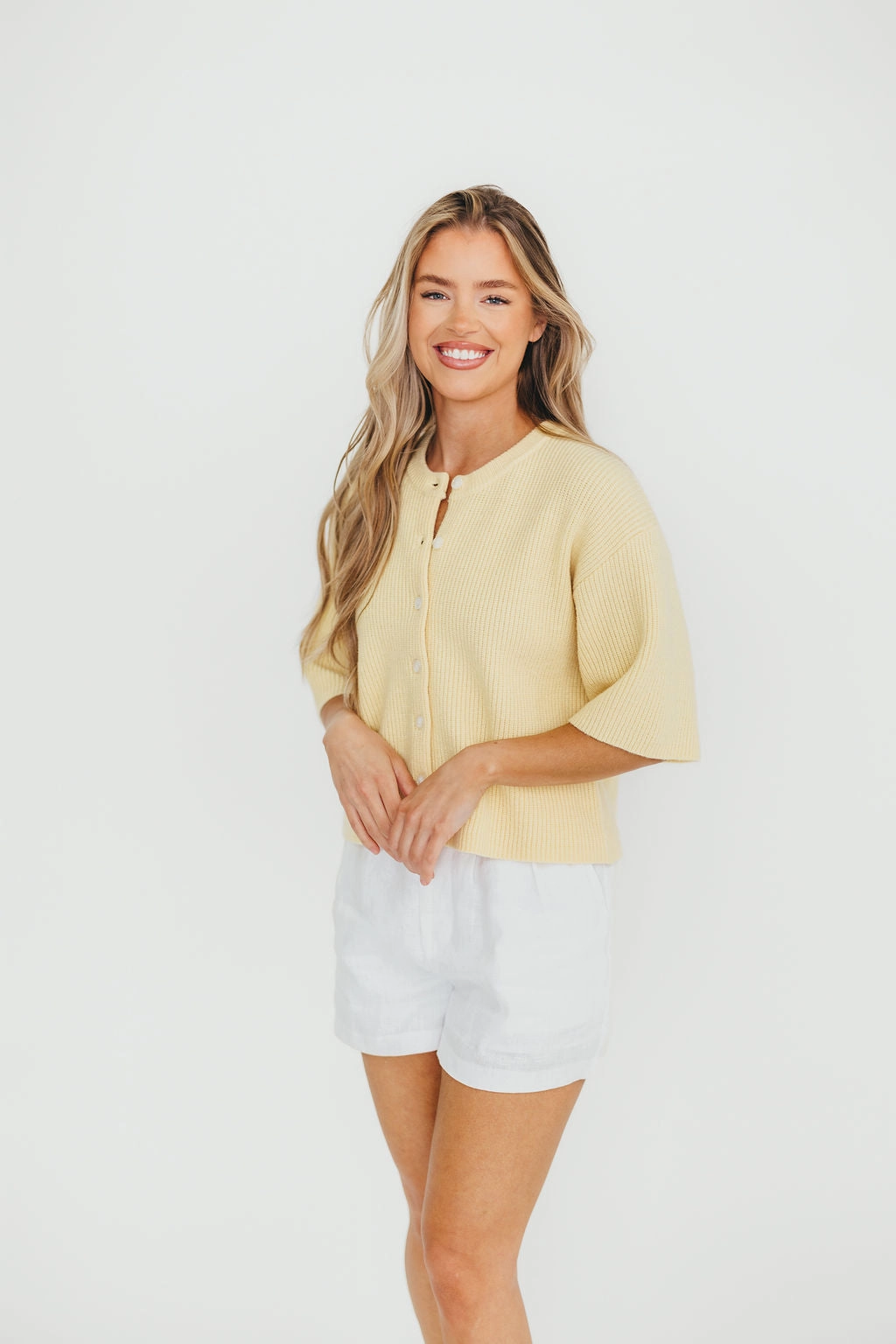 Karen Short Sleeve Cardigan in Yellow Ventilated Panel Design