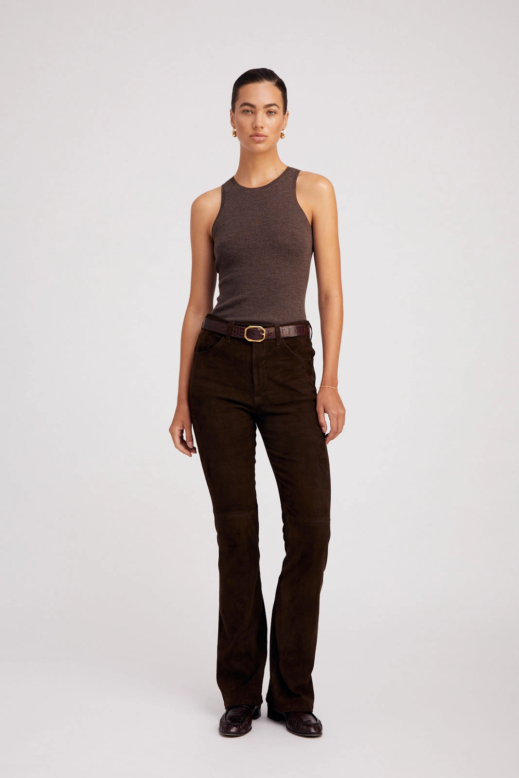 Interlock Stitching Heather Brown Ultra Fine Cashmere Racer Tank