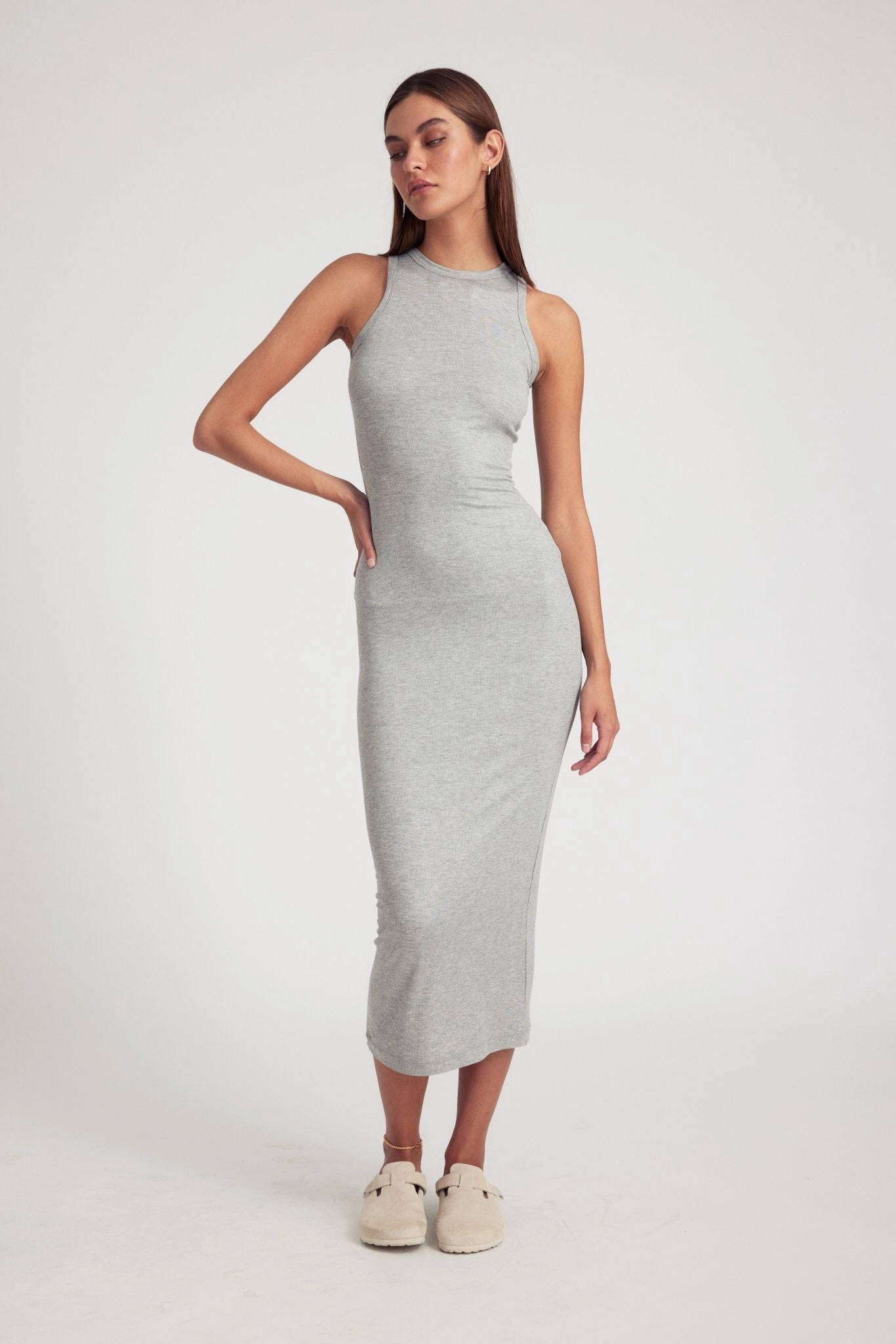 Stylish and Simple Heather Grey Rib Racer Maxi Dress