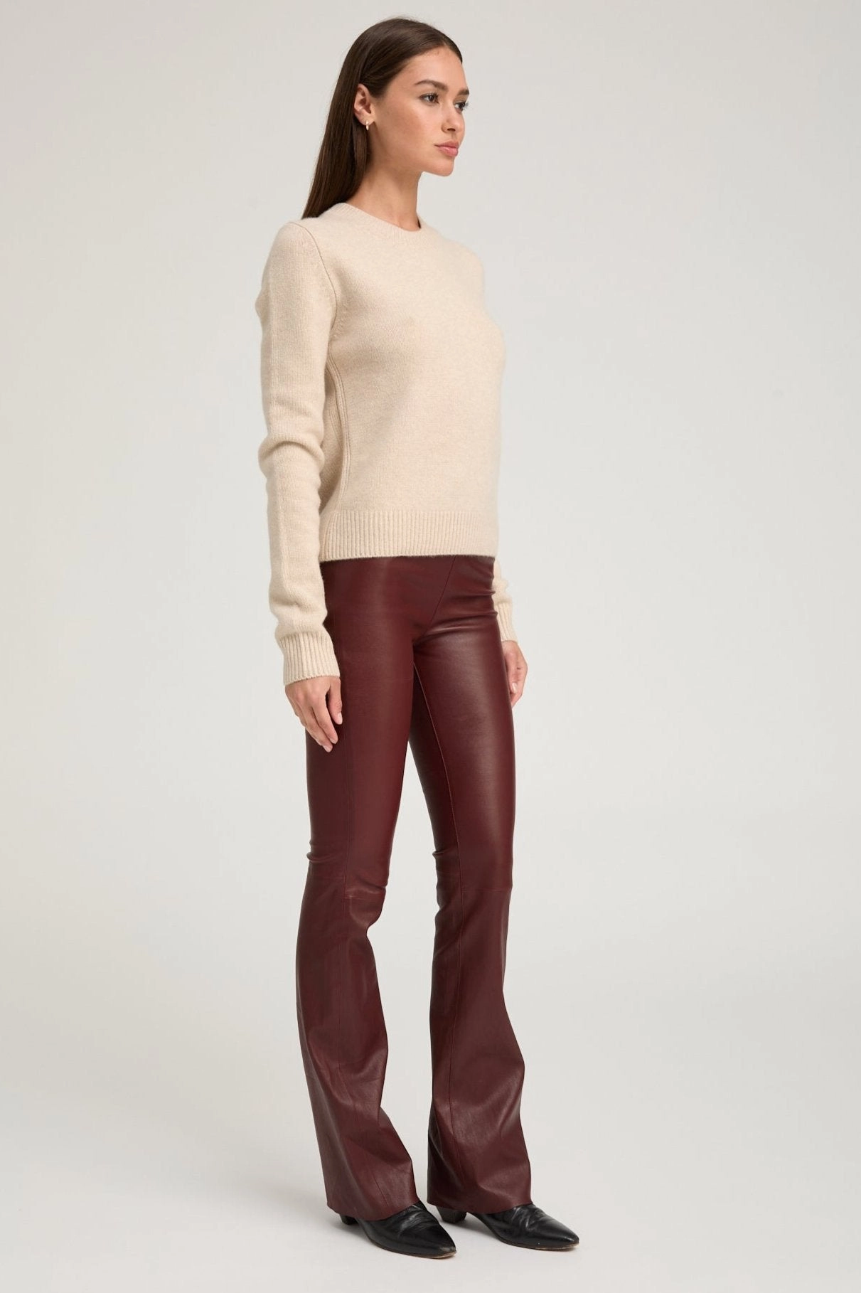 Layered Collar Design Oat Cashmere Crewneck Sweater