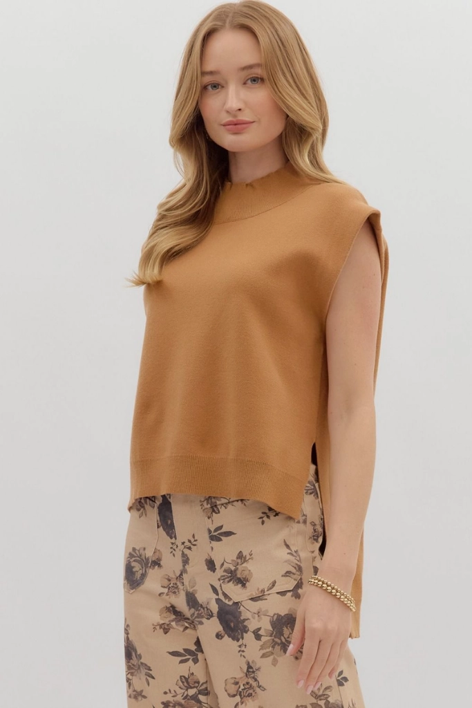 Cleo Sleeveless Mock Neck Sweater in Camel Soft Touch BreathableMesh
