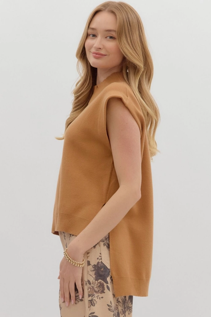 WaterResistantCoating Retro Style Cleo Sleeveless Mock Neck Sweater in Camel