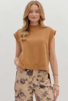 Cleo Sleeveless Mock Neck Sweater in Camel Contrast Stitching Bonded Seam Technology