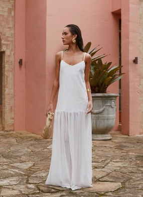 french chic Heavenly Linen Maxi Dress - White