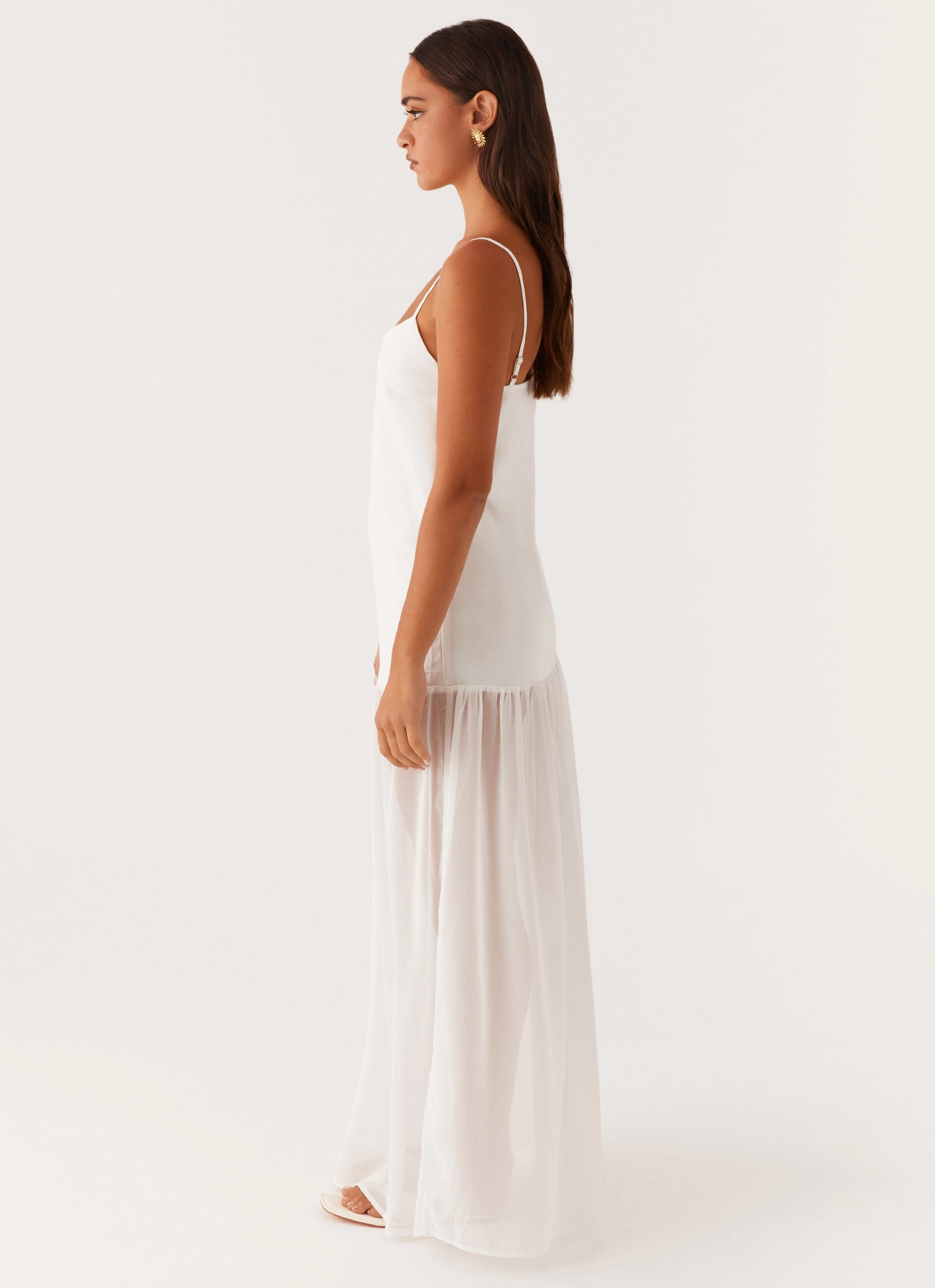 Heavenly Linen Maxi Dress - White Sleeveless Cut Fluid Cut
