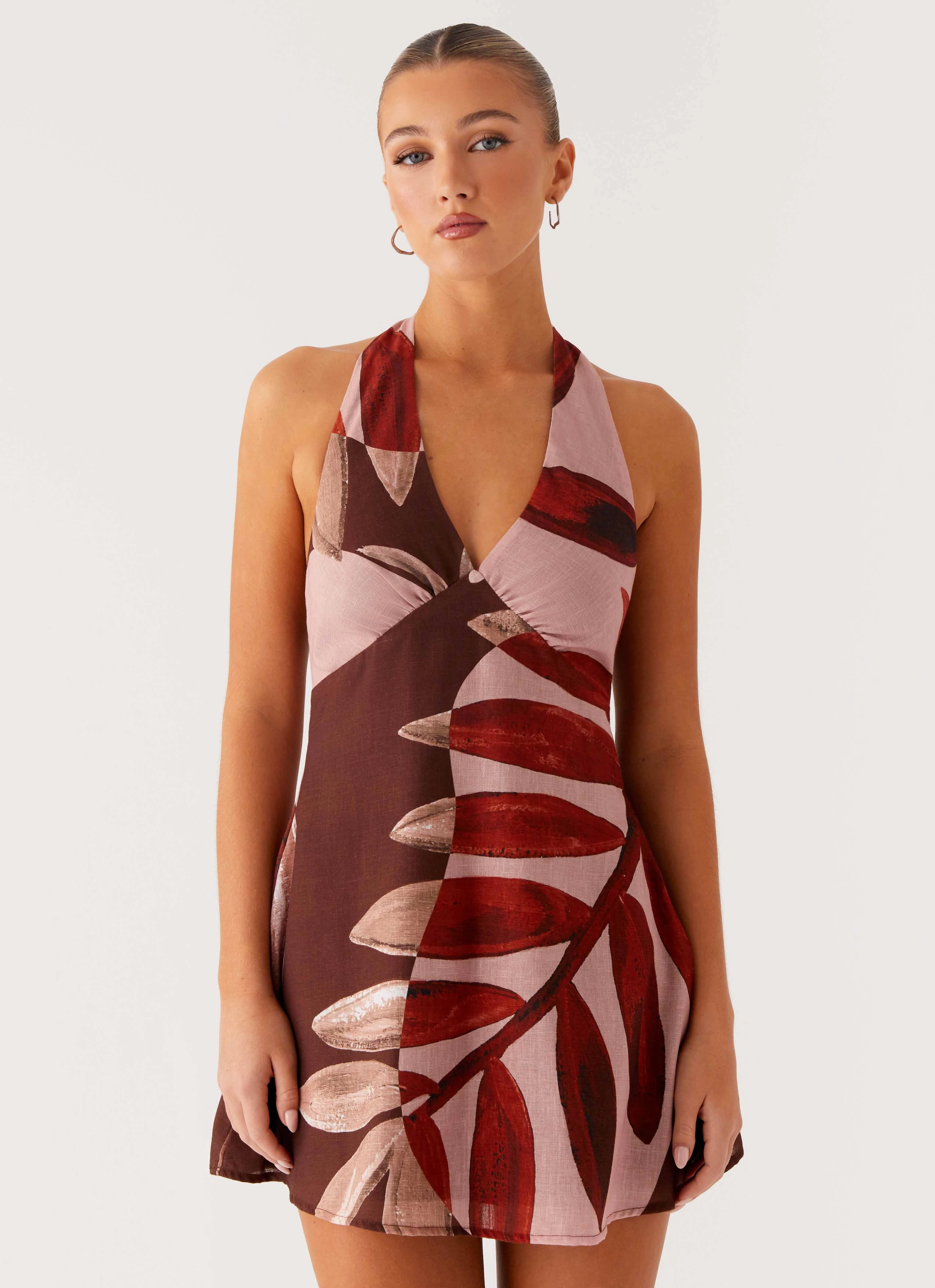 Heavy Hearted Linen Mini Dress - Cinnamon Palm Side-Zip Minimal Motion