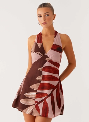 Heavy Hearted Linen Mini Dress - Cinnamon Palm Pose Sweet Repair-Friendly