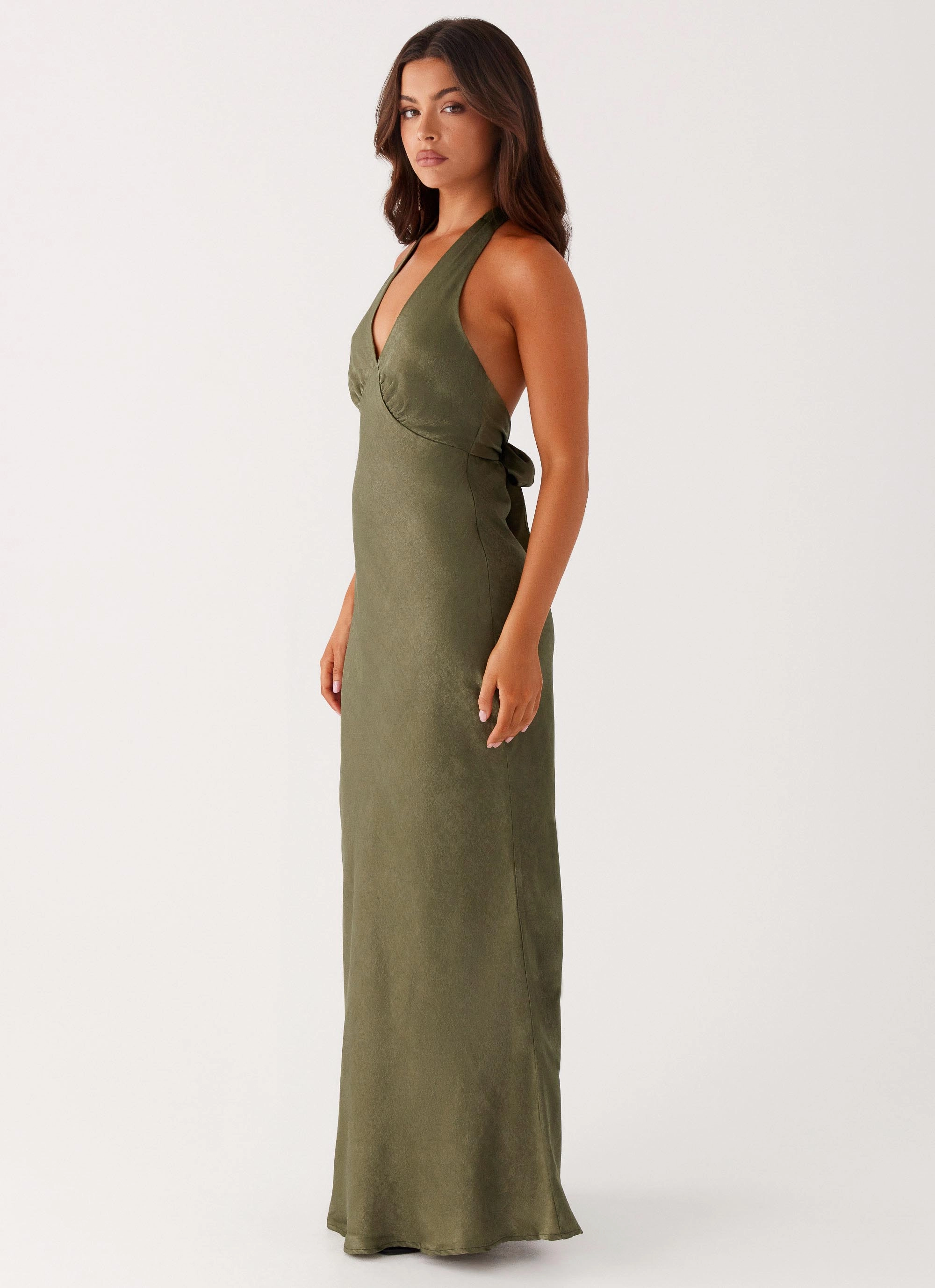 Flowing Layers Heavy Hearted Satin Maxi Dress - Khaki