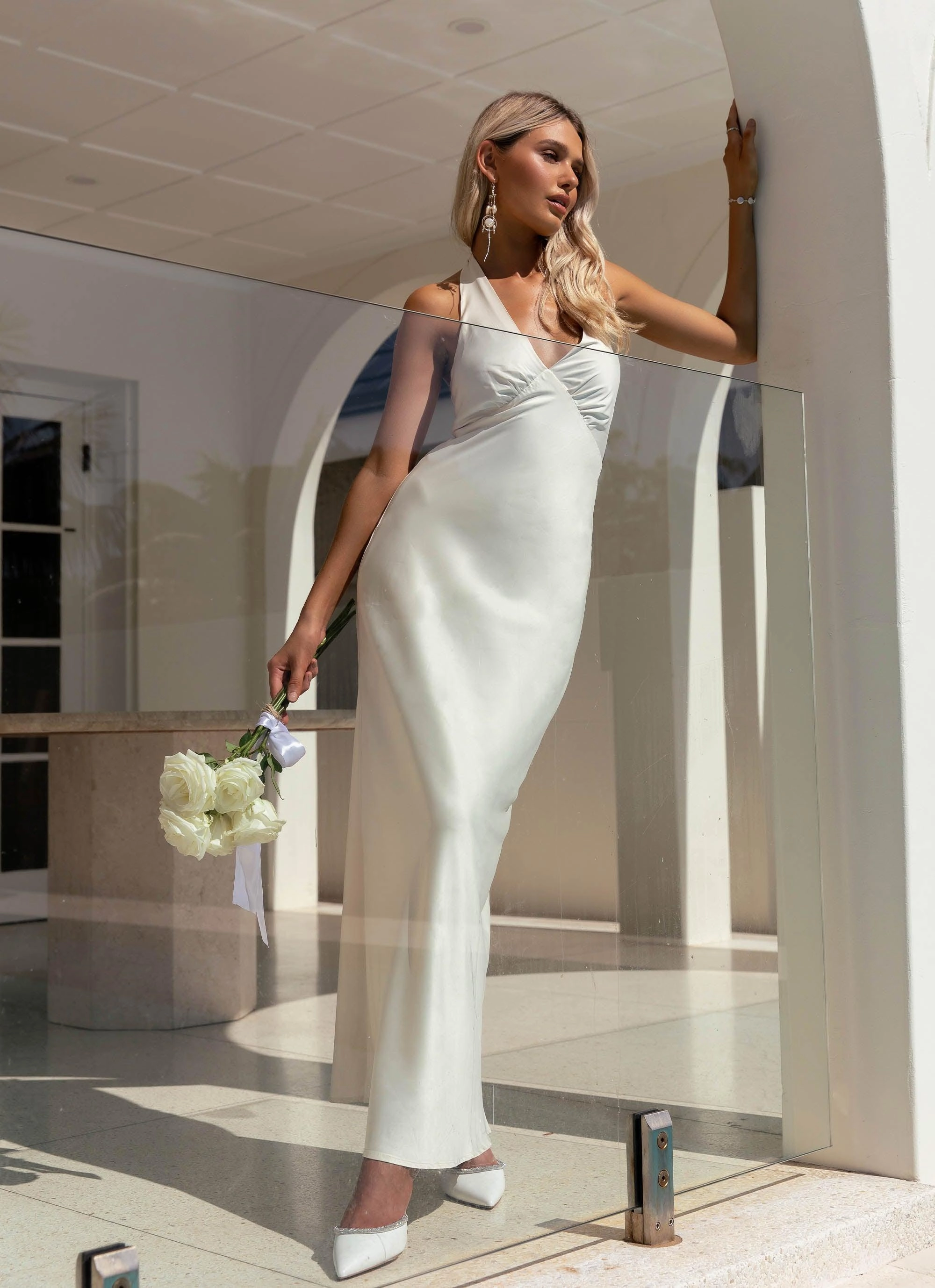 Heavy Hearted Satin Maxi Dress - Pearl Gentle Texture Basic Fashion