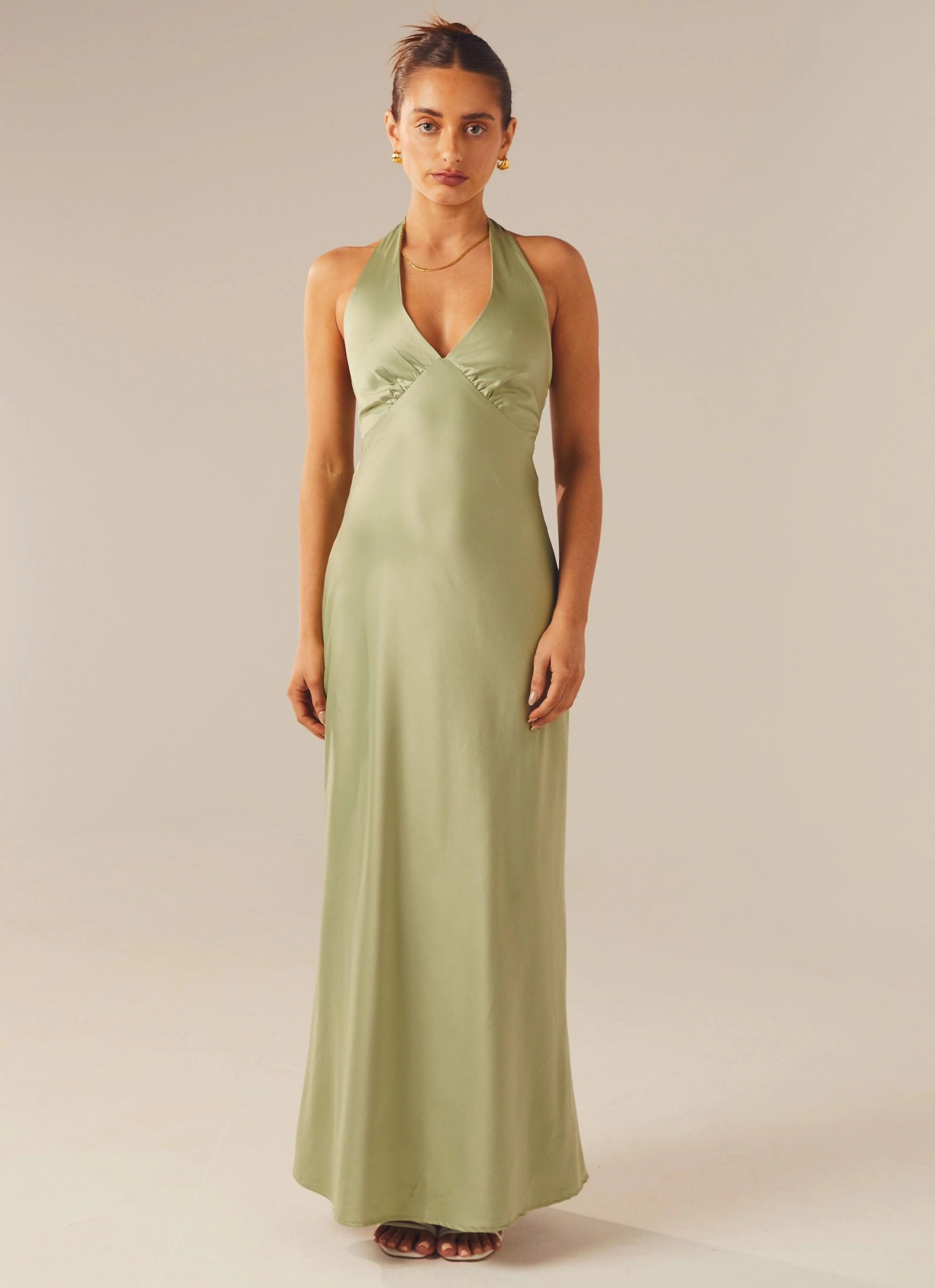 Work Vibes Refined Feel Heavy Hearted Satin Maxi Dress - Sage