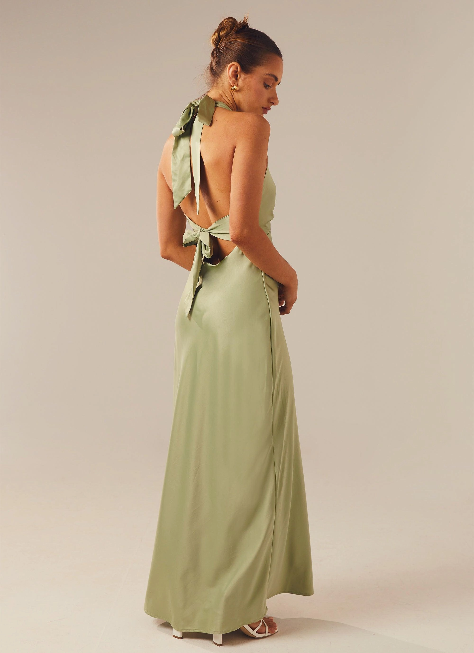 Chill Wear Halter-Neck Heavy Hearted Satin Maxi Dress - Sage