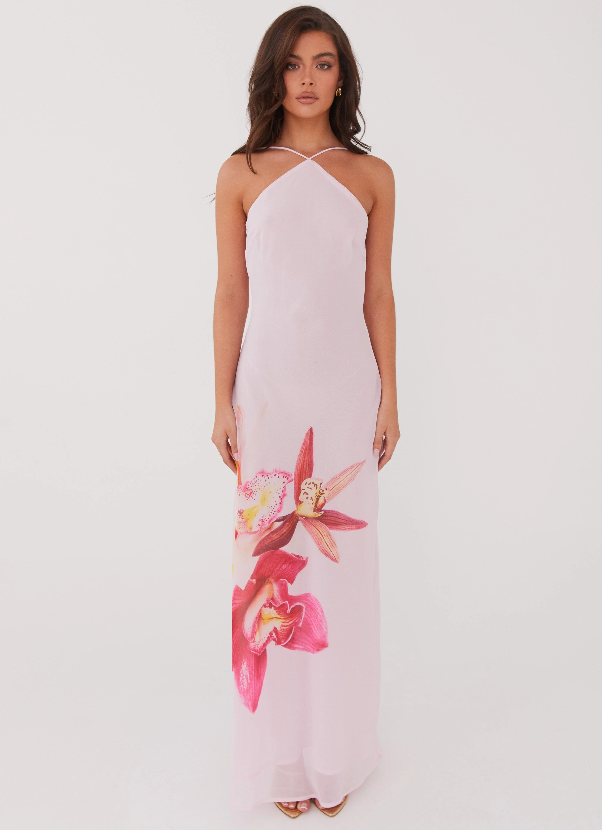 Stylish Waistband Blossom Hearts Maxi Dress - Pink Peony