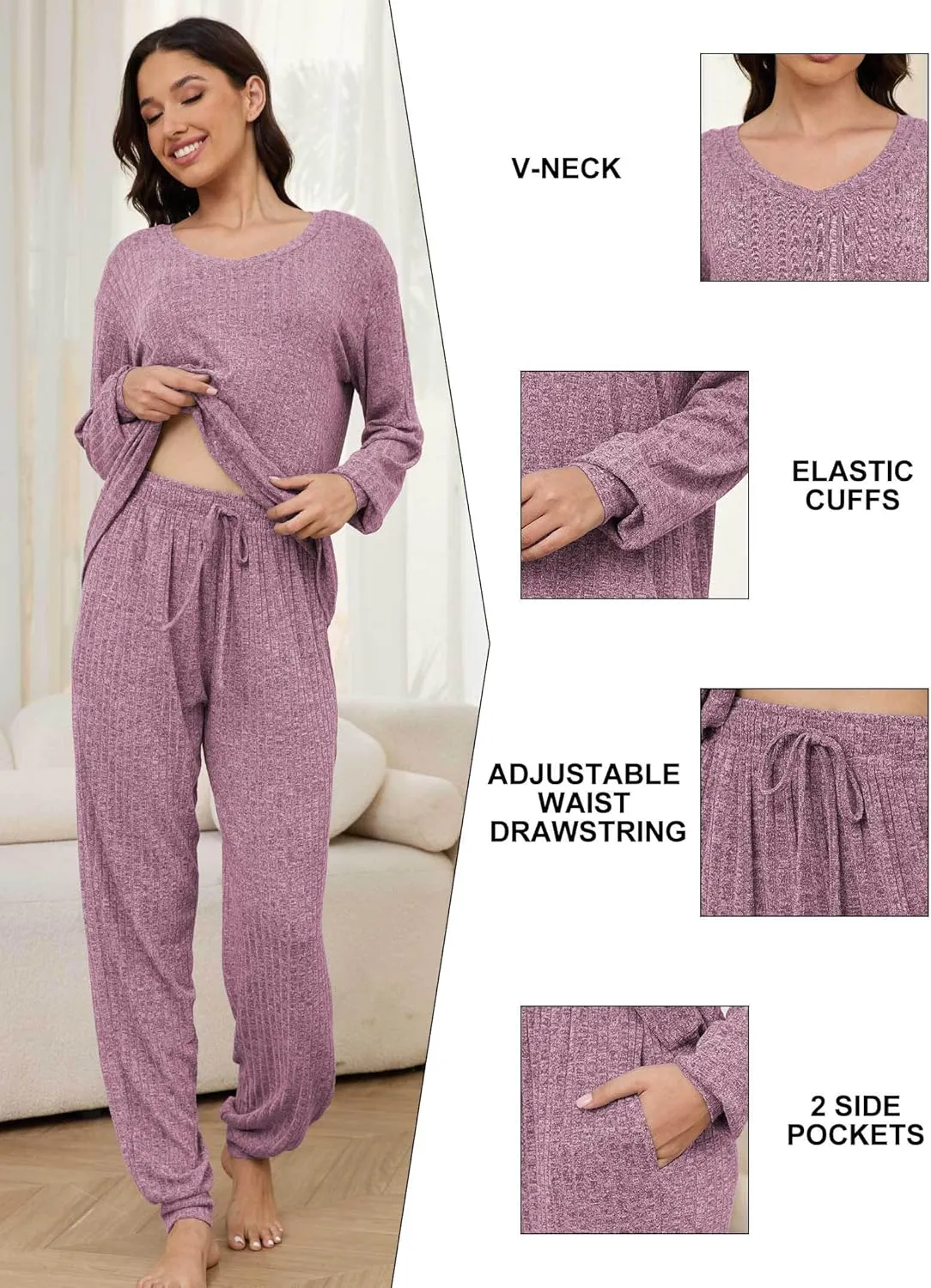 Hellomamma Women Pajama Sets 2 Piece: Long Sleeve Lounge Sets Pjs Casual Ladies Fall Outfit Pj Sleepwear With Pockets