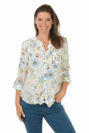 Blooming Dahila Button-Front Blouse WrinkleFree Weave