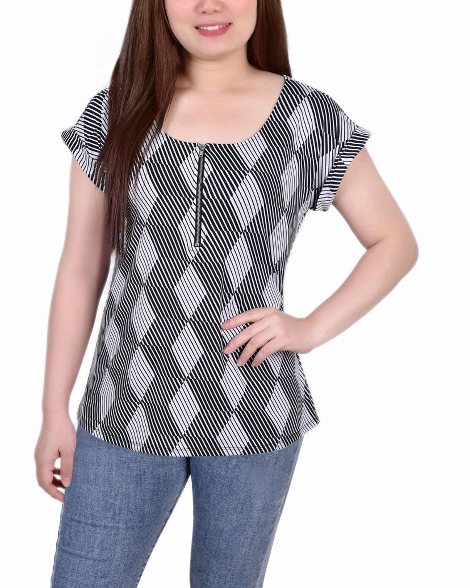 Short Sleeve 1/2 Zip Knit Top NonScratchyLining RecycledBlend