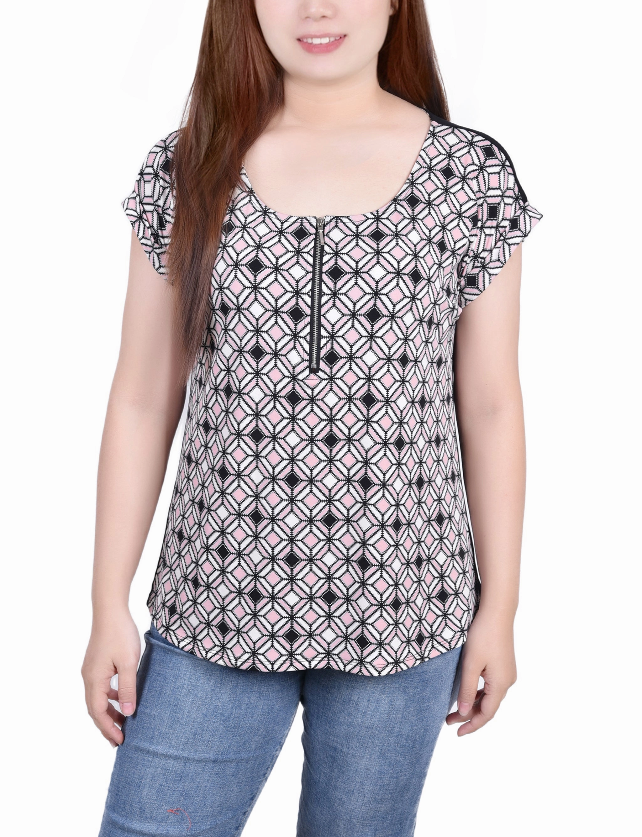 Short Sleeve 1/2 Zip Knit Top Cold Weather Fade Resistant Dye