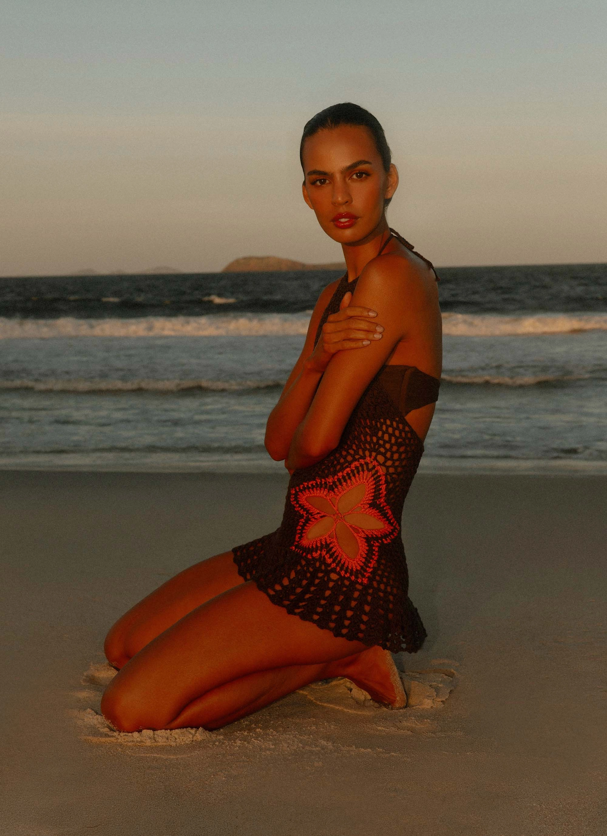 Henley Crochet Mini Dress - Chocolate Luxe style
