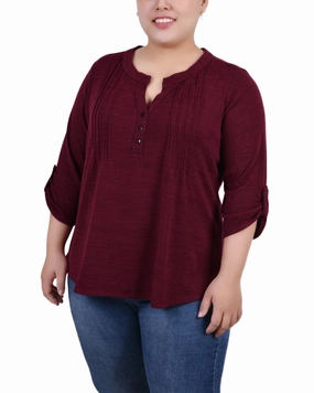 NonSlip Grip Tape Pocket Reinforcement Plus Size 3/4 Roll Tab Sleeve Y Neck Top