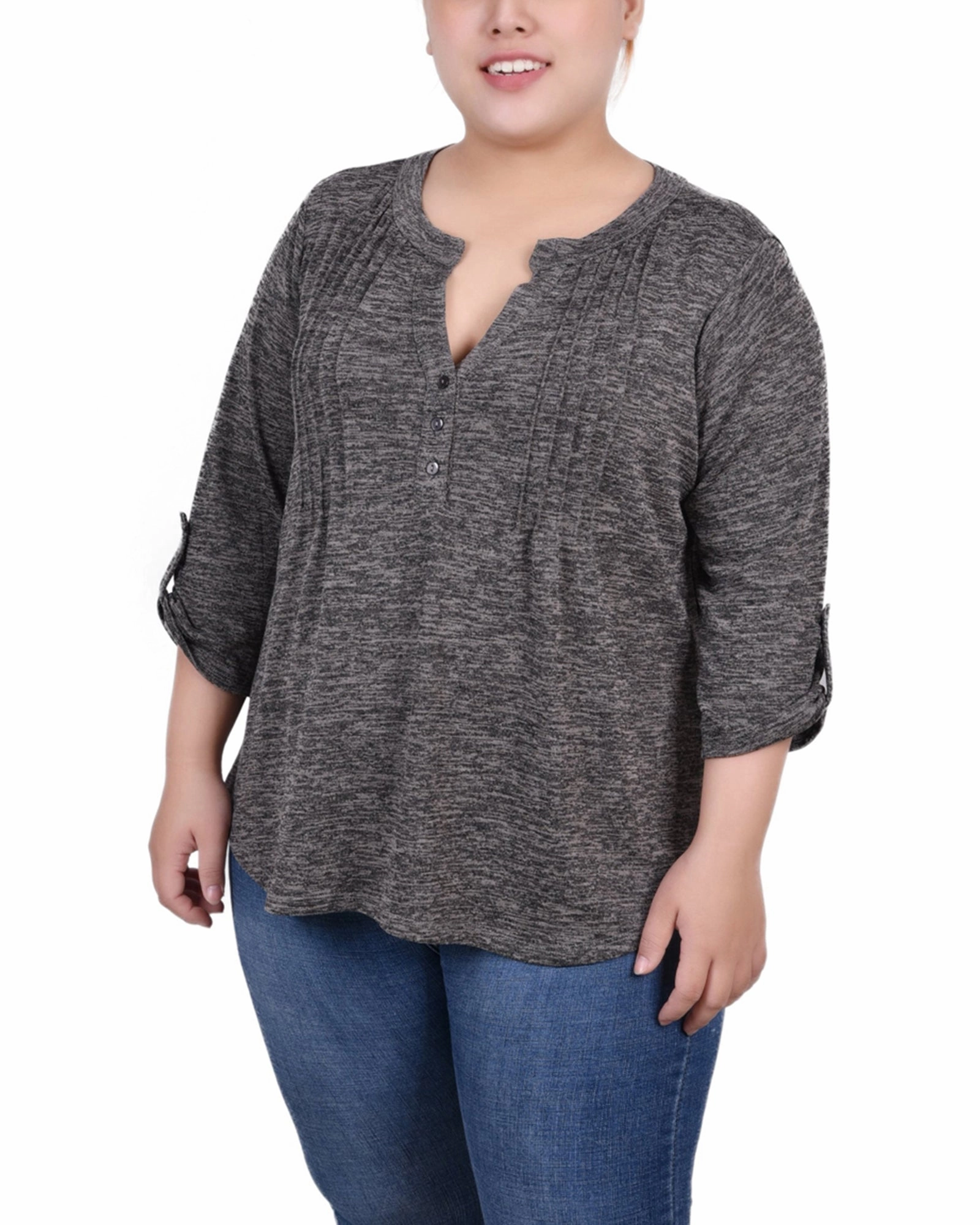 Plus Size 3/4 Roll Tab Sleeve Y Neck Top QuickDryTech