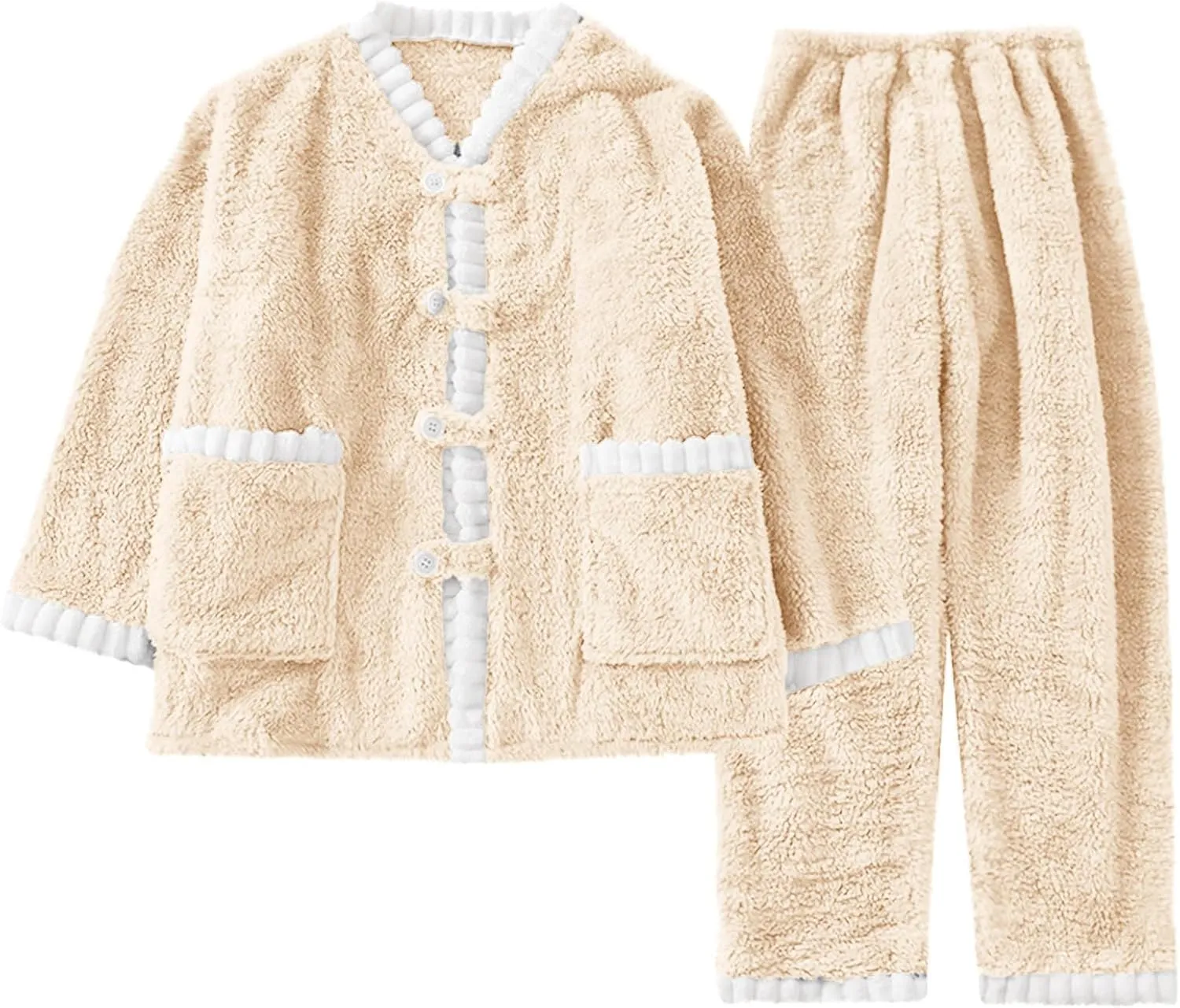 HGps8w 2 Piece Outfits for Women Fuzzy Fleece Lounge Sets, Winter Warm Button Up Sleepwear Soft Long Pants Pajamas