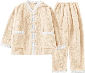 HGps8w 2 Piece Outfits for Women Fuzzy Fleece Lounge Sets, Winter Warm Button Up Sleepwear Soft Long Pants Pajamas