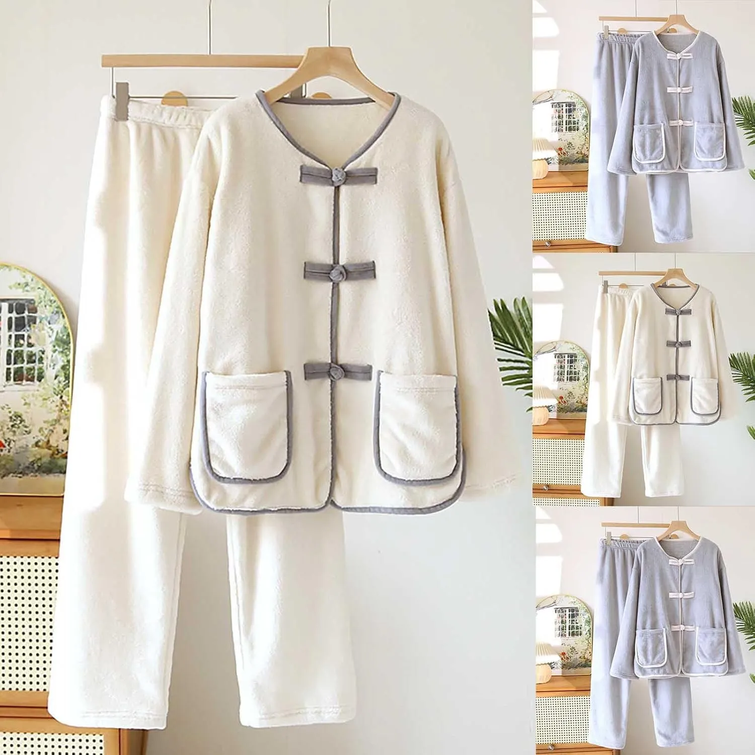 HGps8w Fuzzy Fleece Pajamas for Women Long Sleeve Sleepwear Soft Flannel Top with Long Pants Winter Warm Pjs Lounge Sets