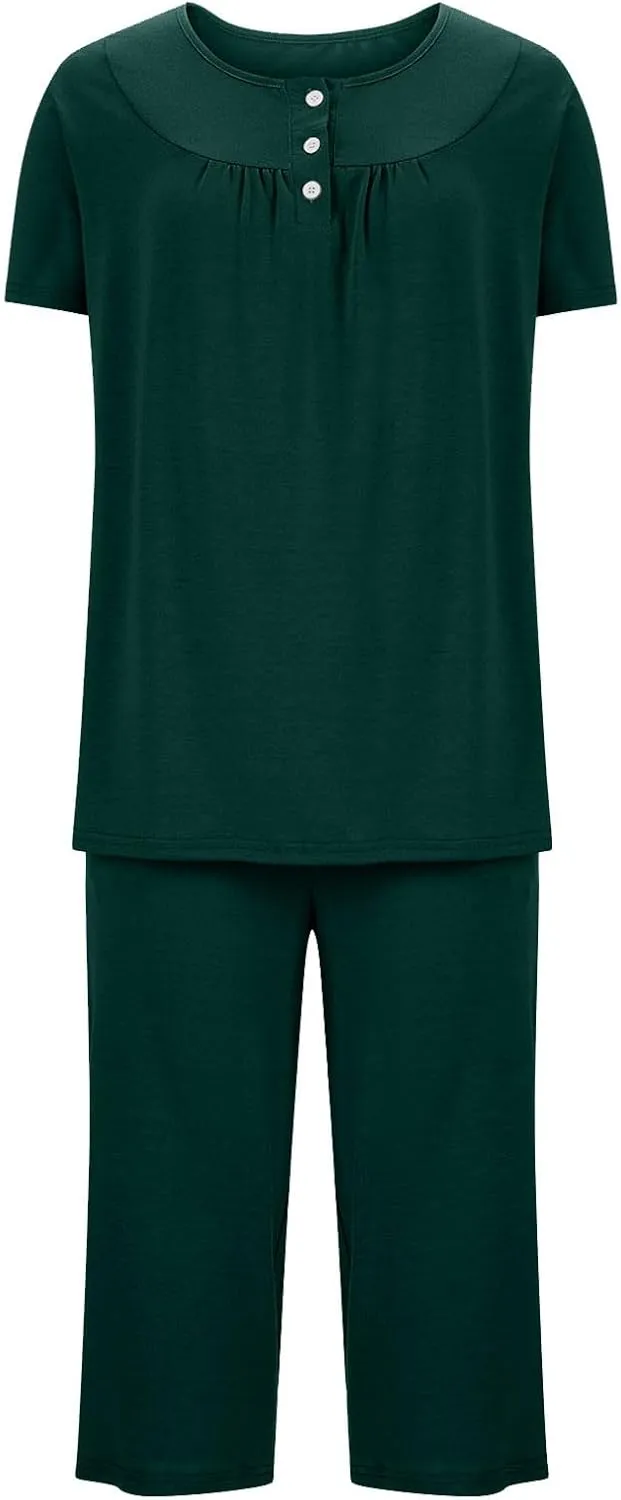 HGps8w Women's Capris Pajama Sets Short Sleeve Button Up Pleated Tunic Sleepwear Soft Pjs Bottom Loose Lounge Sets