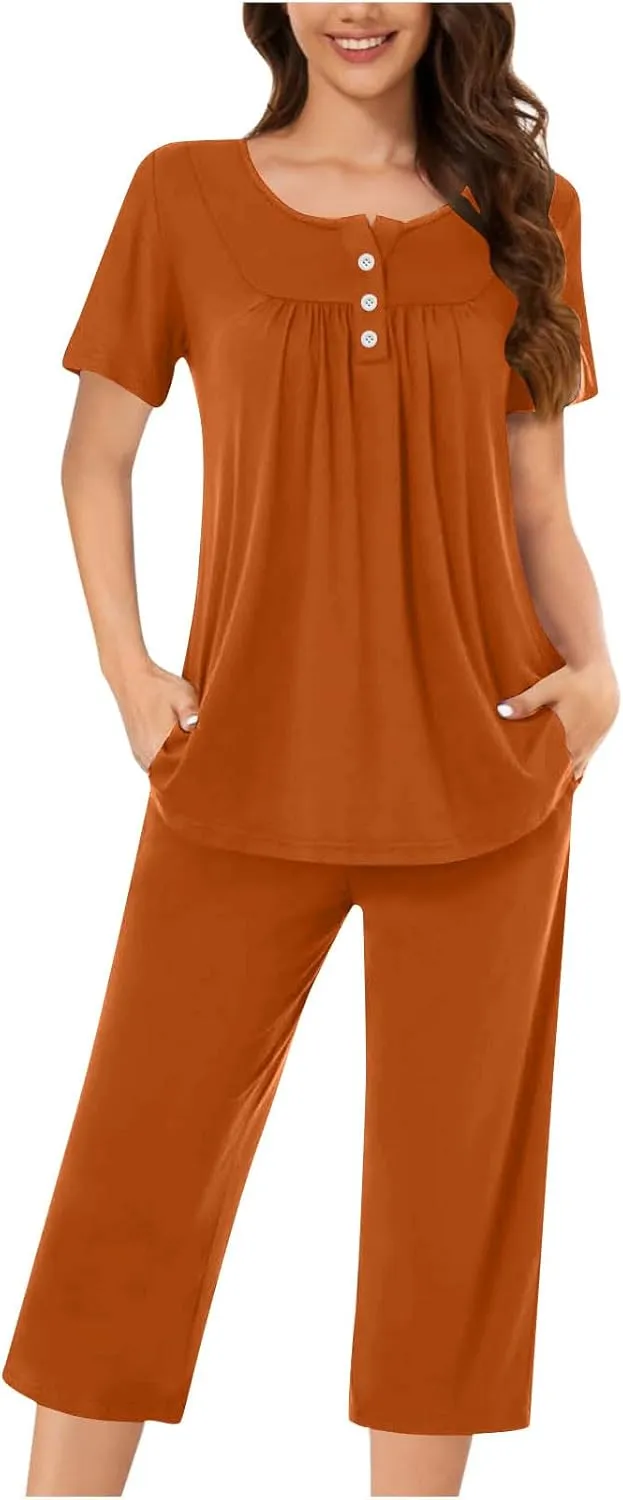 HGps8w Women's Capris Pajama Sets Short Sleeve Button Up Pleated Tunic Sleepwear Soft Pjs Bottom Loose Lounge Sets