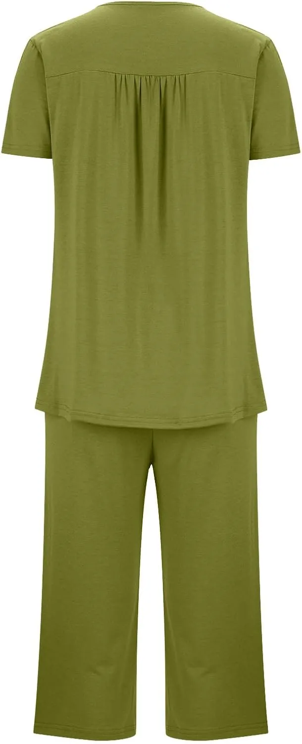 HGps8w Women's Capris Pajama Sets Short Sleeve Button Up Pleated Tunic Sleepwear Soft Pjs Bottom Loose Lounge Sets