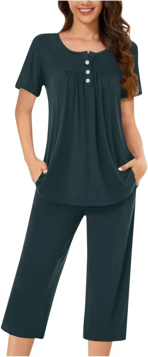 HGps8w Women's Capris Pajama Sets Short Sleeve Button Up Pleated Tunic Sleepwear Soft Pjs Bottom Loose Lounge Sets