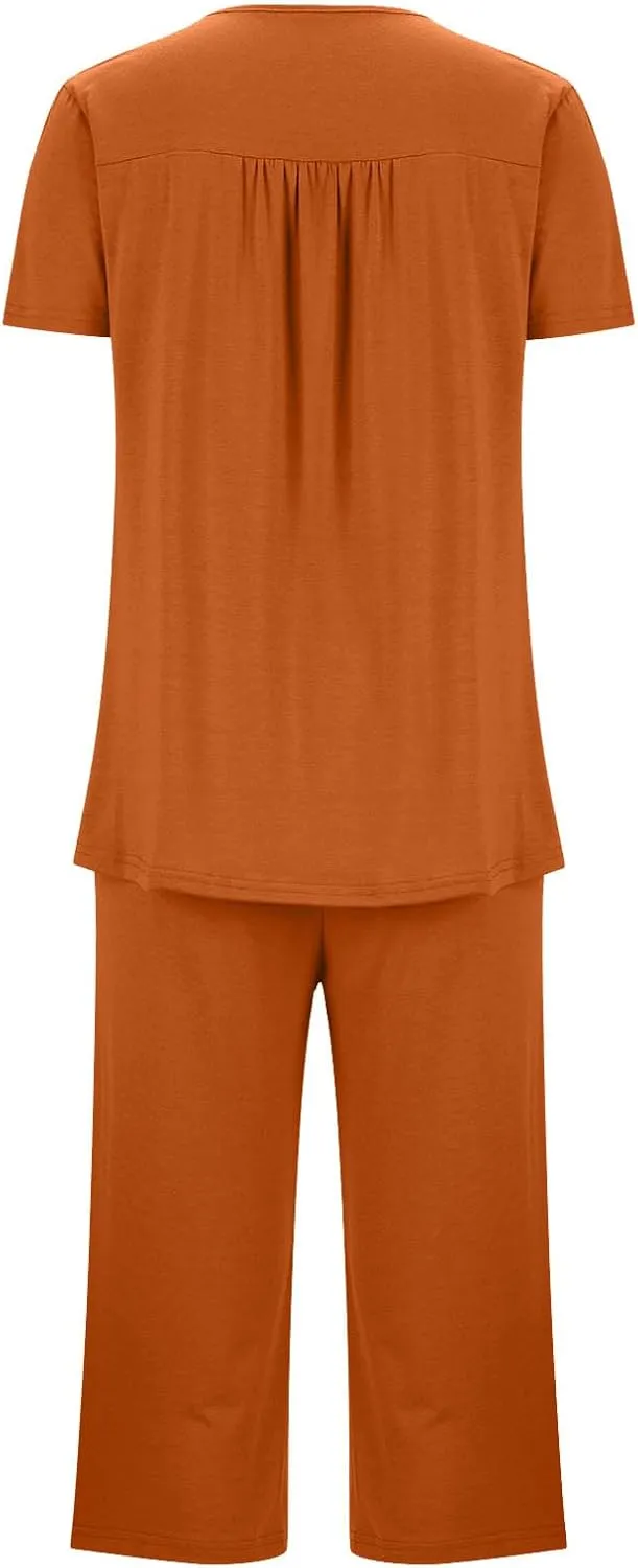 HGps8w Women's Capris Pajama Sets Short Sleeve Button Up Pleated Tunic Sleepwear Soft Pjs Bottom Loose Lounge Sets