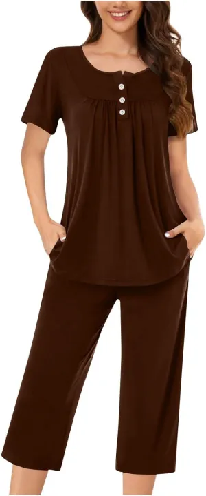 HGps8w Women's Capris Pajama Sets Short Sleeve Button Up Pleated Tunic Sleepwear Soft Pjs Bottom Loose Lounge Sets