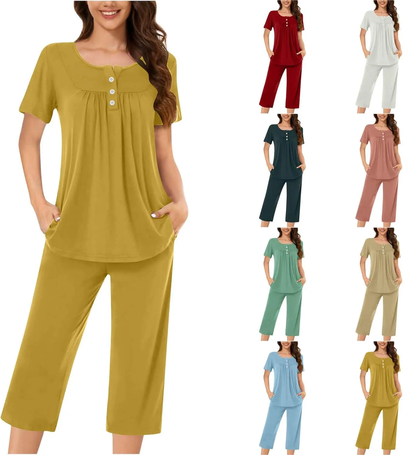 HGps8w Women's Capris Pajama Sets Short Sleeve Button Up Pleated Tunic Sleepwear Soft Pjs Bottom Loose Lounge Sets