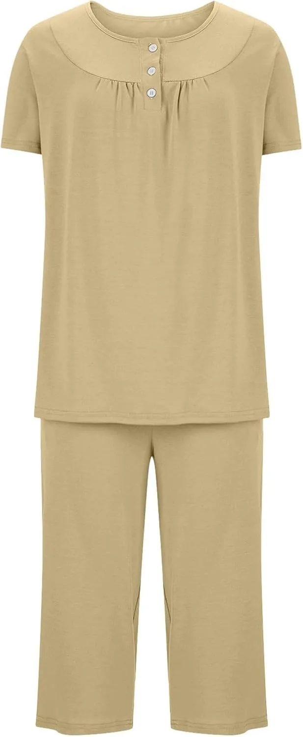 HGps8w Women's Capris Pajama Sets Short Sleeve Button Up Pleated Tunic Sleepwear Soft Pjs Bottom Loose Lounge Sets
