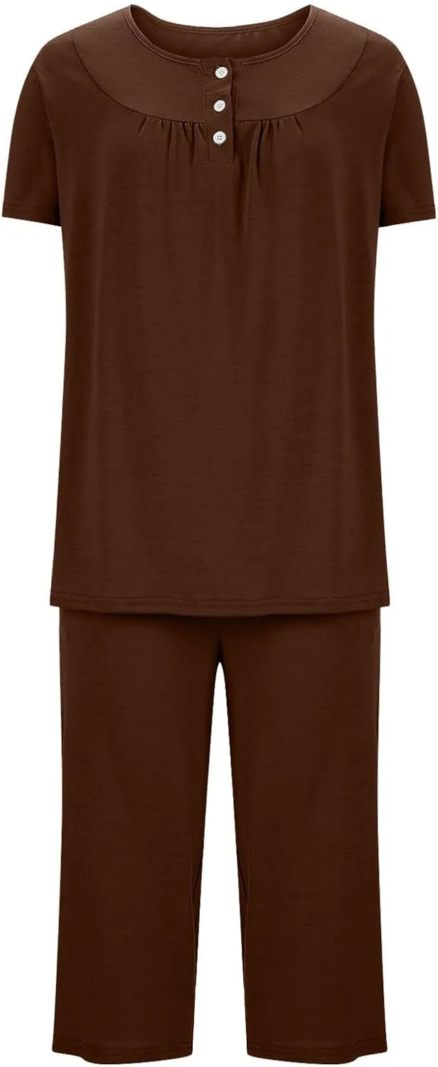 HGps8w Women's Capris Pajama Sets Short Sleeve Button Up Pleated Tunic Sleepwear Soft Pjs Bottom Loose Lounge Sets
