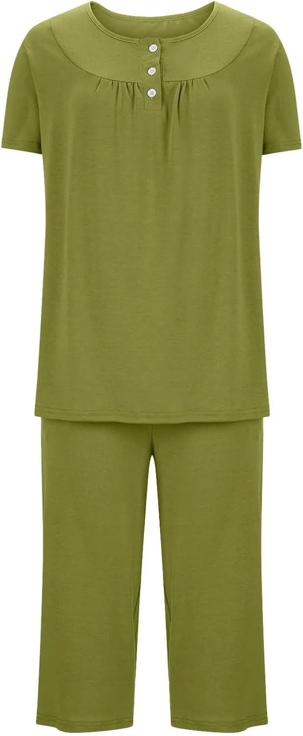 HGps8w Women's Capris Pajama Sets Short Sleeve Button Up Pleated Tunic Sleepwear Soft Pjs Bottom Loose Lounge Sets