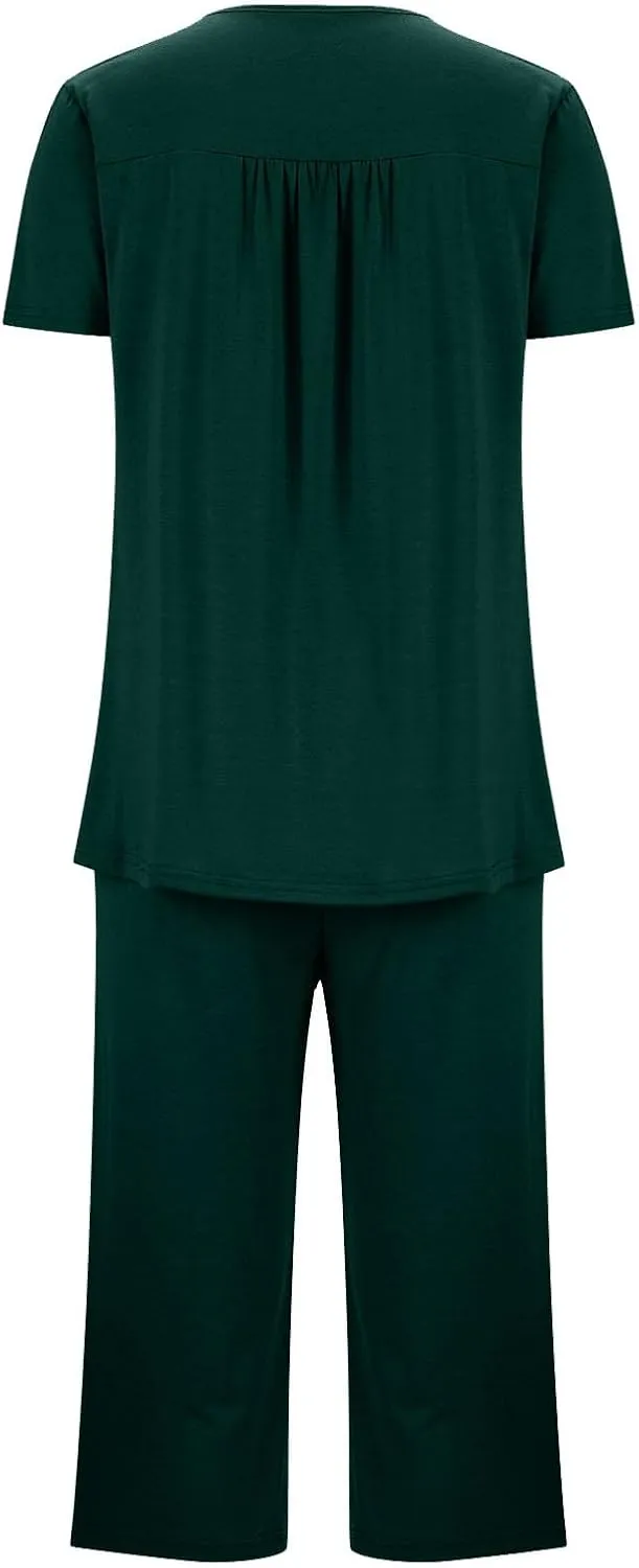 HGps8w Women's Capris Pajama Sets Short Sleeve Button Up Pleated Tunic Sleepwear Soft Pjs Bottom Loose Lounge Sets