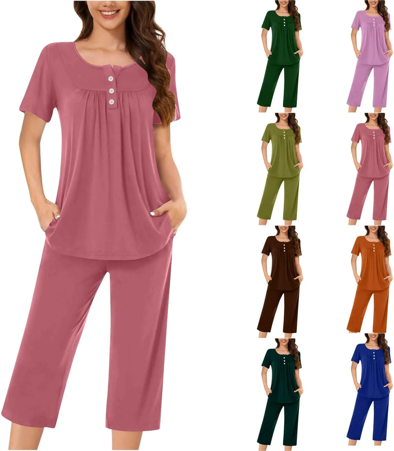 HGps8w Women's Capris Pajama Sets Short Sleeve Button Up Pleated Tunic Sleepwear Soft Pjs Bottom Loose Lounge Sets