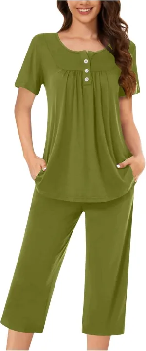 HGps8w Women's Capris Pajama Sets Short Sleeve Button Up Pleated Tunic Sleepwear Soft Pjs Bottom Loose Lounge Sets